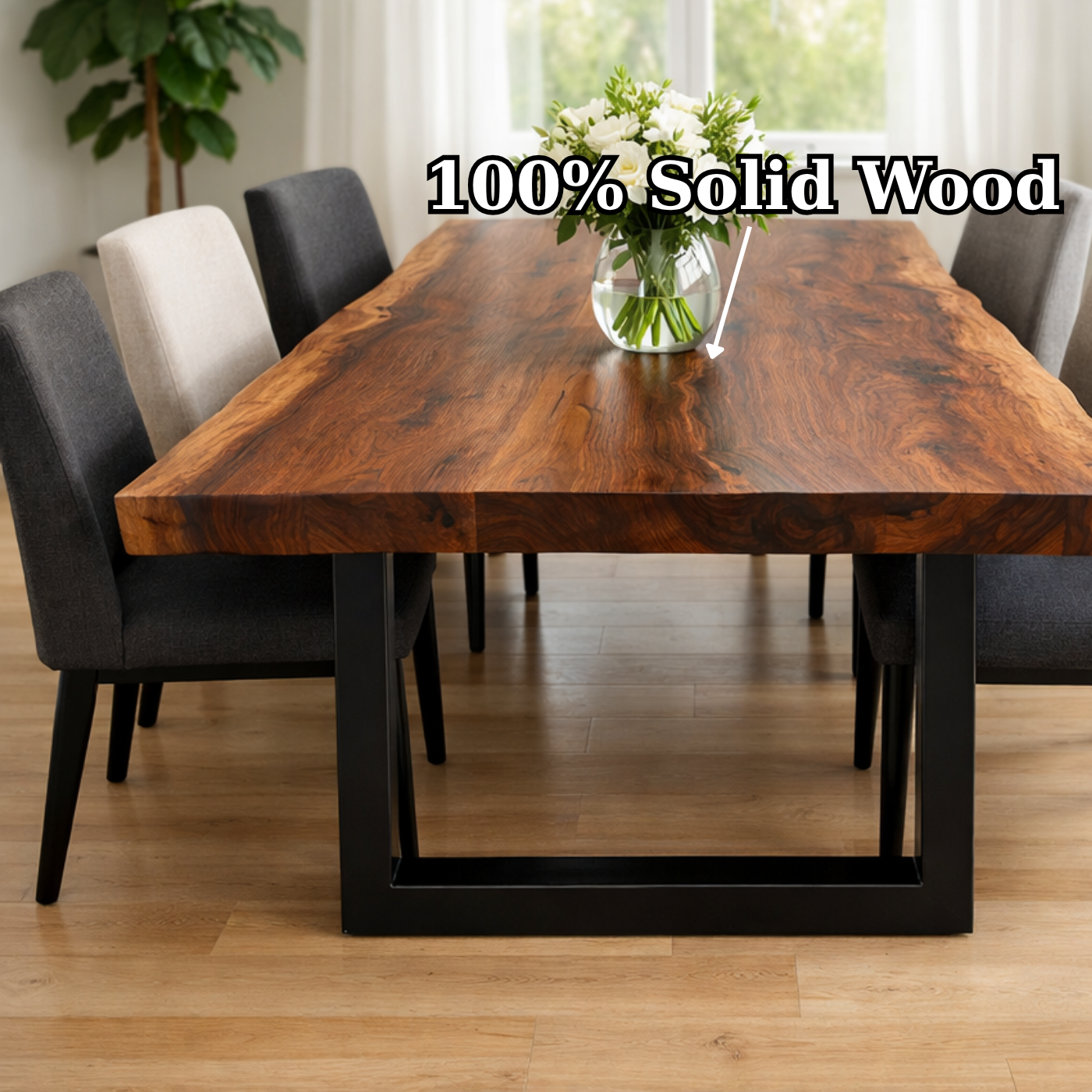 Solid Walnut Dining Table with Metal U-Leg Base – Modern Industrial Wood Table
