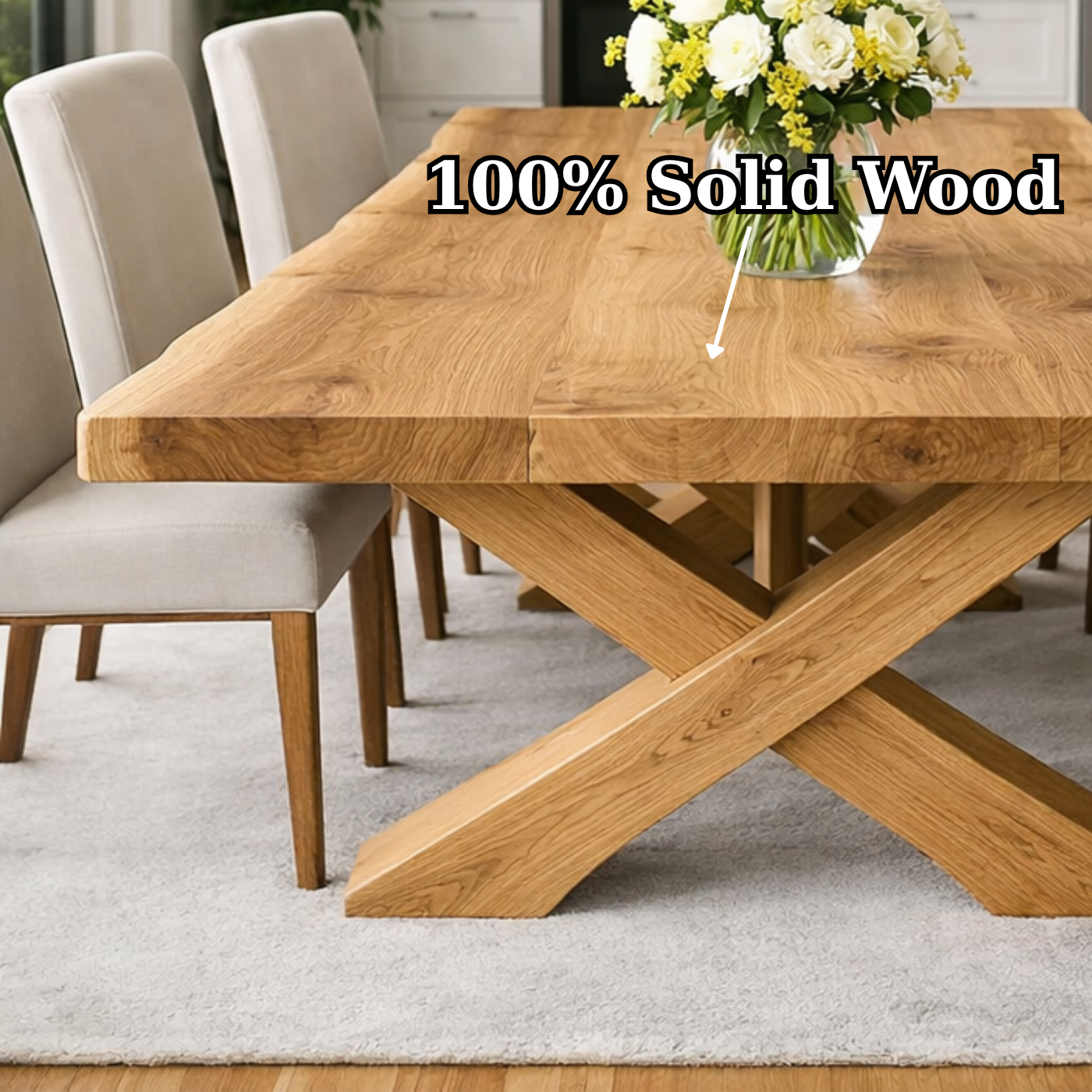 Solid Wood Dining Table with Thick Slab Top & X Base Modern Farmhouse Style