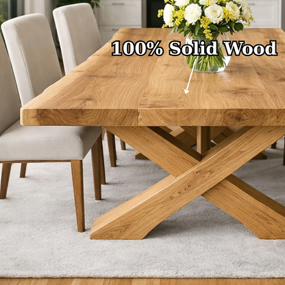 Solid Wood Dining Table with Thick Slab Top & X Base Modern Farmhouse Style