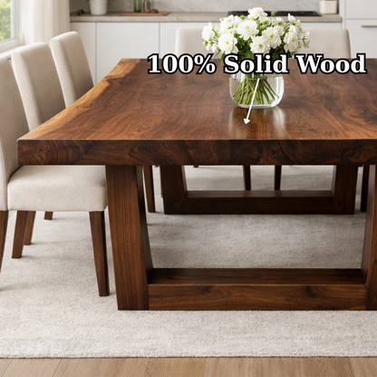 Solid Wood Dining Table with Thick Slab Top & Modern Farmhouse Base