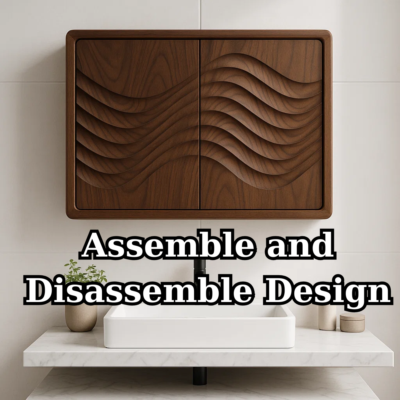 Handcrafted Solid Wood Wall Cabinet with Sculpted Wave Doors – Modern Artistic Bathroom Storage Kitchnce