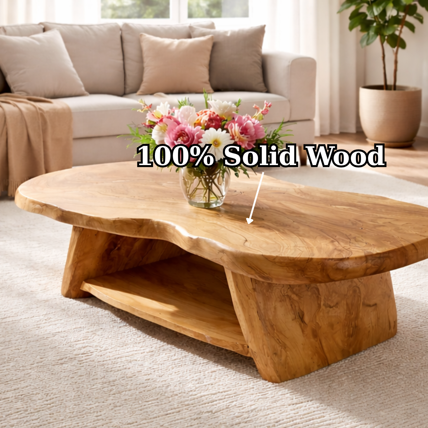 Organic Solid Wood Coffee Table with Sculpted Base in Light Natural Oak