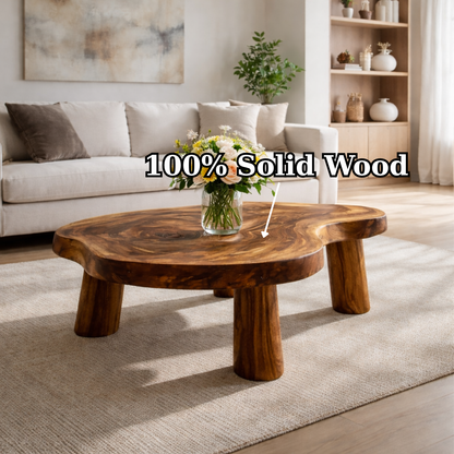 Live Edge Solid Wood Coffee Table with Chunky Legs in Warm Walnut Finish