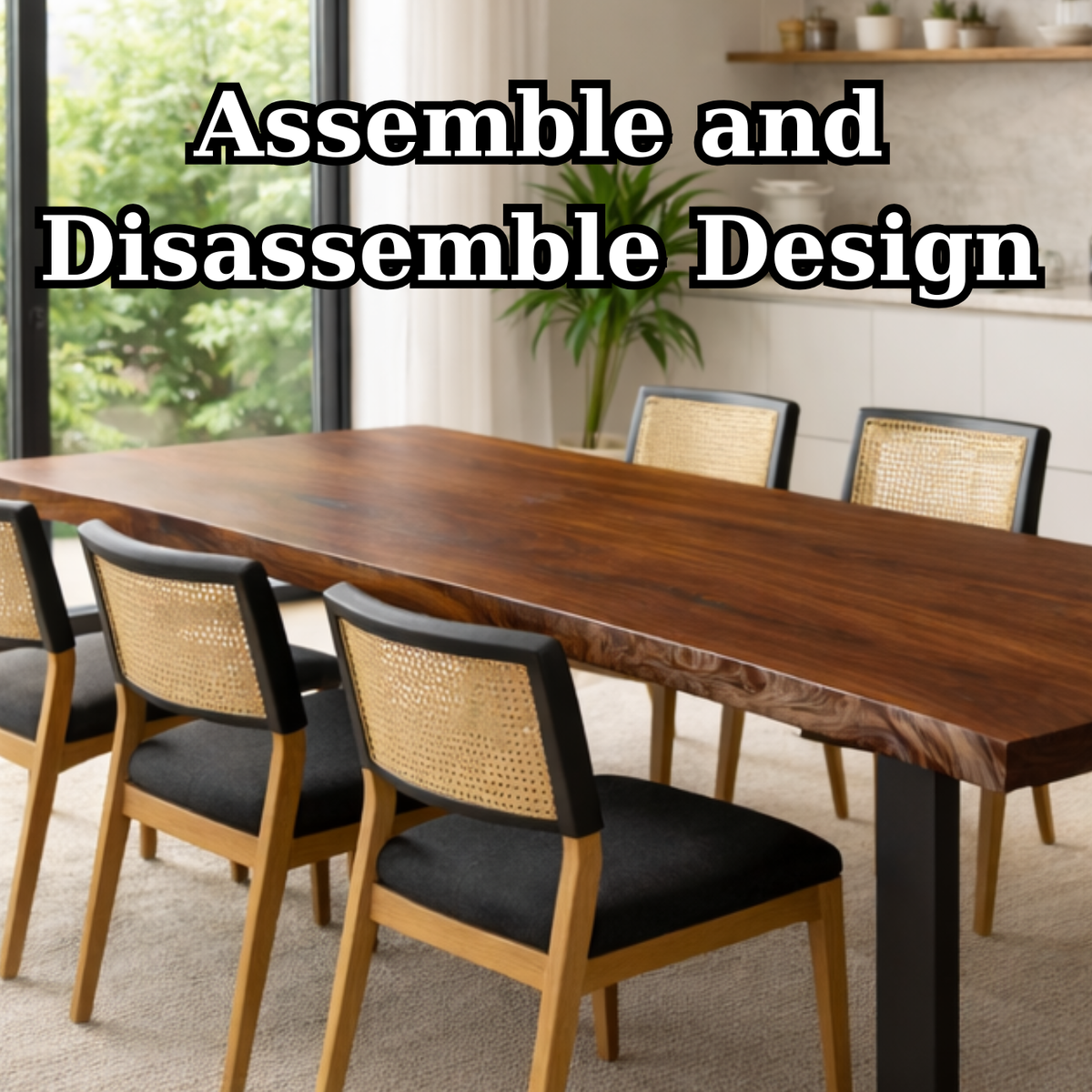 Handcrafted Solid Walnut Dining Table with U-Shaped Steel Base for Minimalist Homes