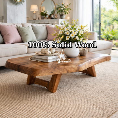 Solid Wood Coffee Table with Live Edge Top and Sculptural Base