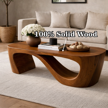 Solid Wood Coffee Table with Sculptural Curved Base and Organic Minimal Design