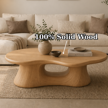 Solid Wood Coffee Table with Sculpted Base and Organic Top