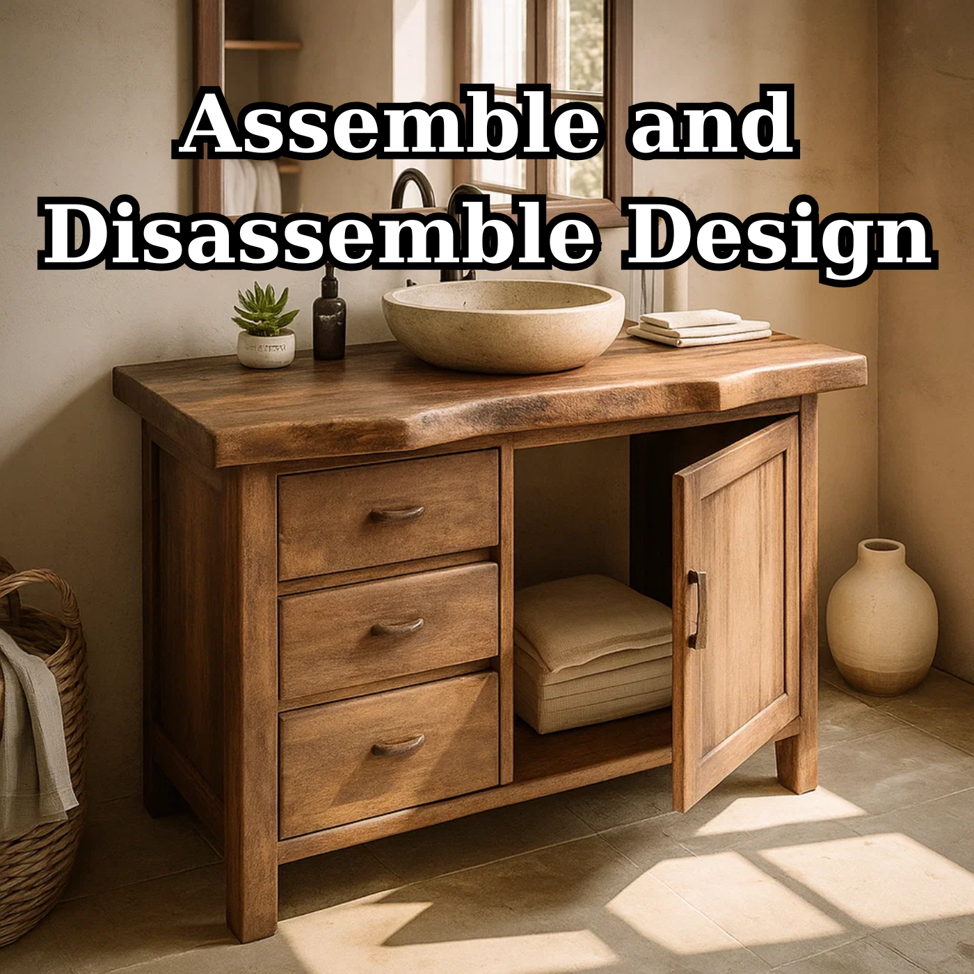 Handcrafted Solid Wood Bathroom Vanity with Live-Edge Top and Storage Drawers Kitchnce