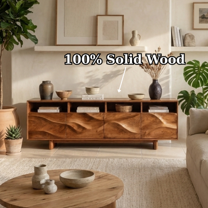 Solid Wood TV Stand with Wave Carved Doors and Open Storage in Walnut Finish