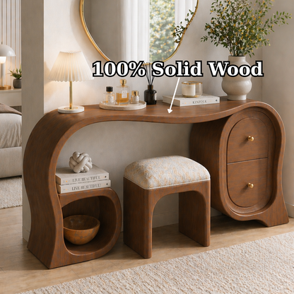 Solid Wood Makeup Vanity Desk with Sculptural Arch Design and Drawer Storage