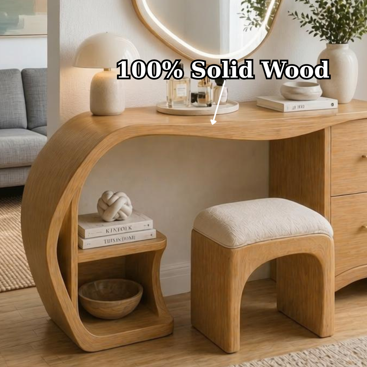 Solid Wood Makeup Vanity Desk with Curved Design and 2 Drawers