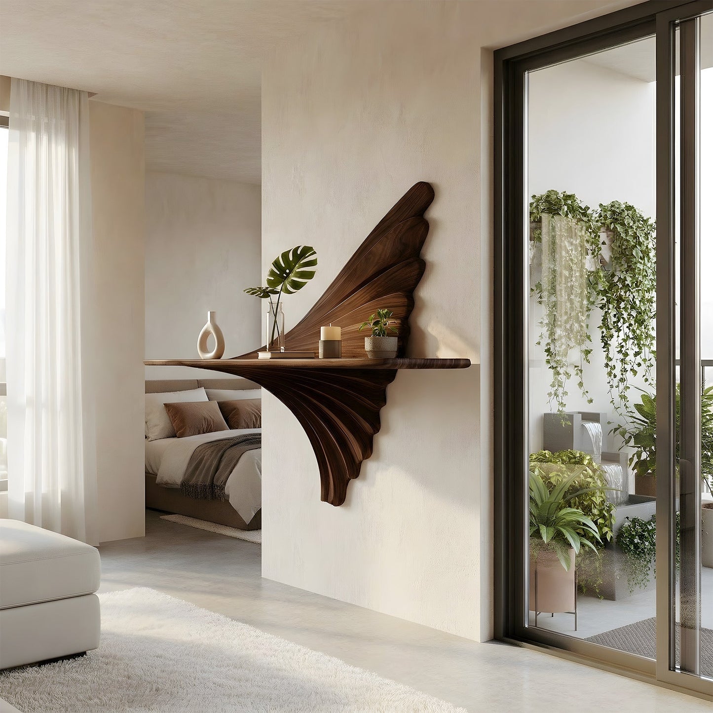 Fan Sculptural Floating Wall Shelf in Natural Wood