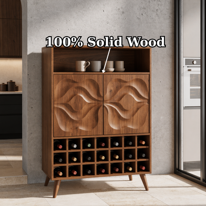 Solid Wood Wine Cabinet with Carved Doors and Grid Bottle Storage