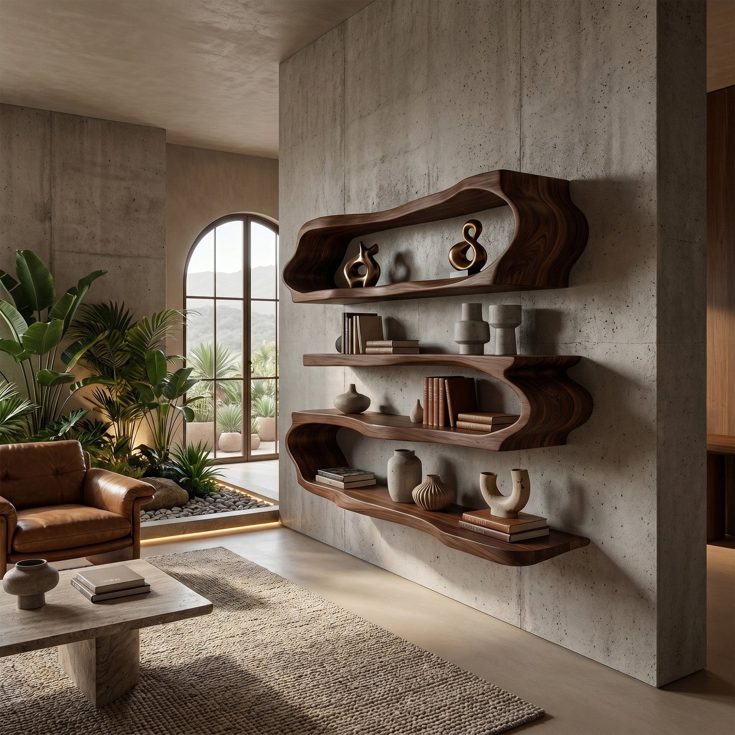 Flowing Wood Wall-Mounted Shelf With Open Display