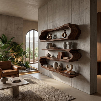 Flowing Wood Wall-Mounted Shelf With Open Display