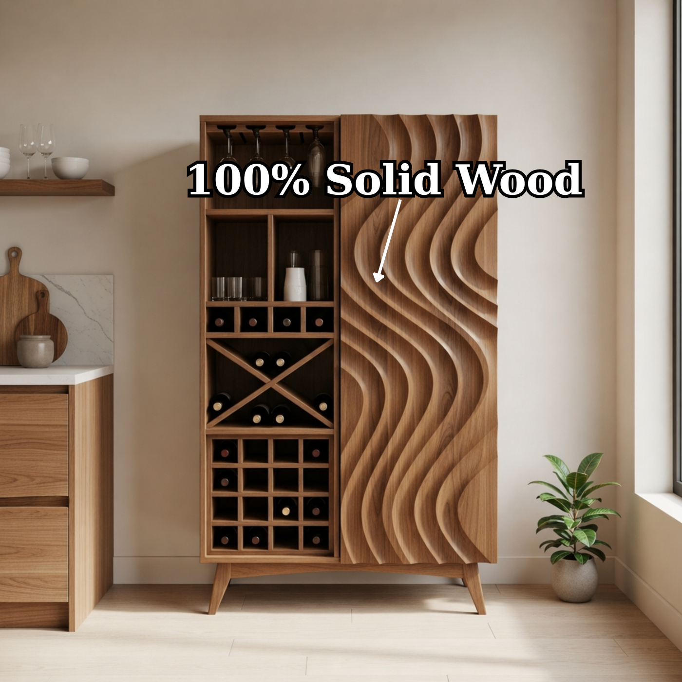 Solid Wood Wine Cabinet with Wave Carved Door and Bottle Storage Rack