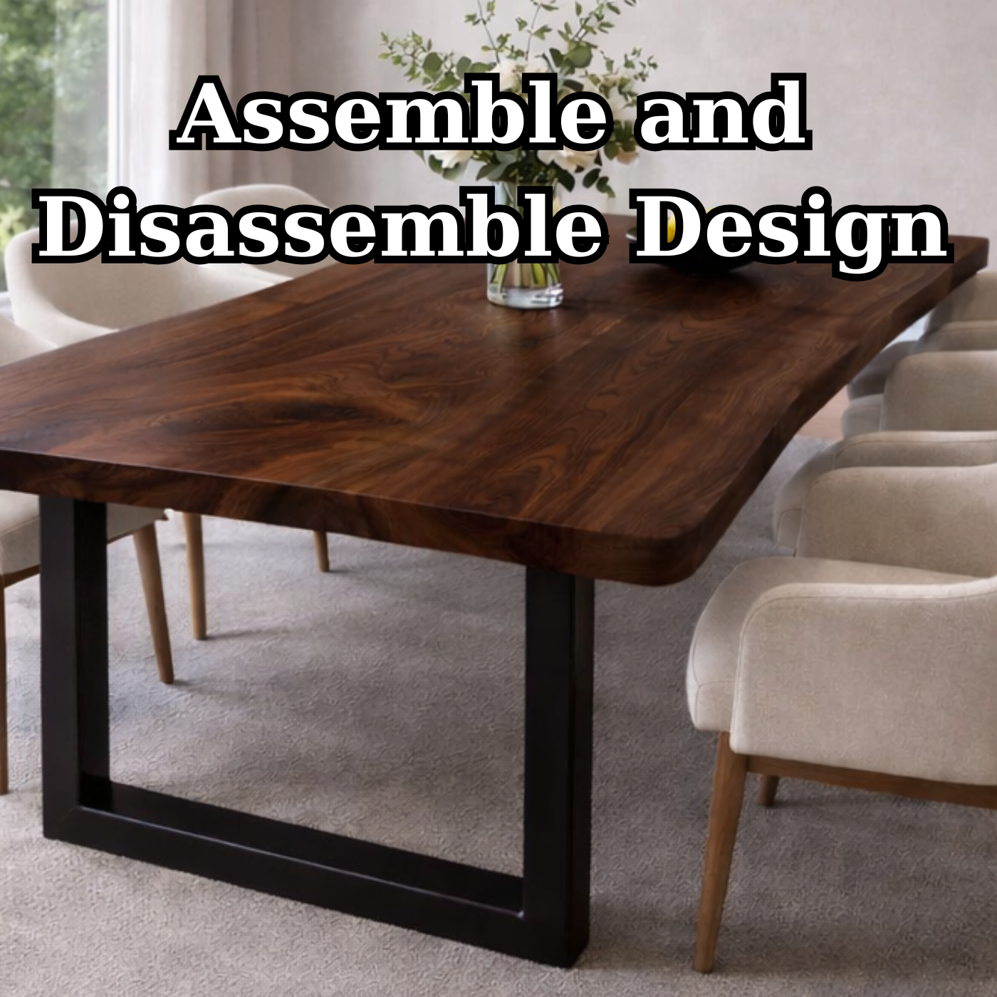 Modern Solid Wood Rectangular Dining Table with Black Steel Base