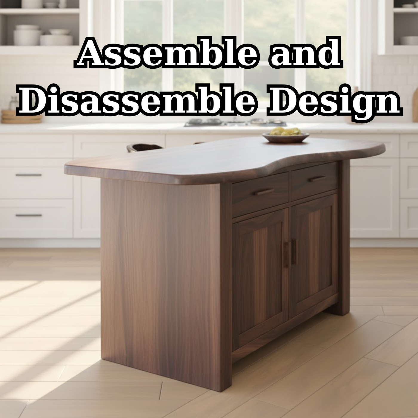Handcrafted Solid Wood Kitchen Island with Live-Edge Curved Top and Spacious Storage Kitchnce