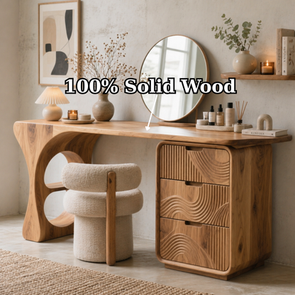 Solid Wood Makeup Vanity Desk with Sculptural Base and Carved Drawer Fronts