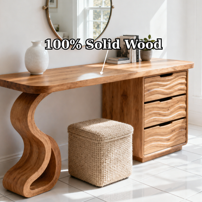 Solid Wood Makeup Vanity Desk with Wave Drawers and Sculptural Curved Base