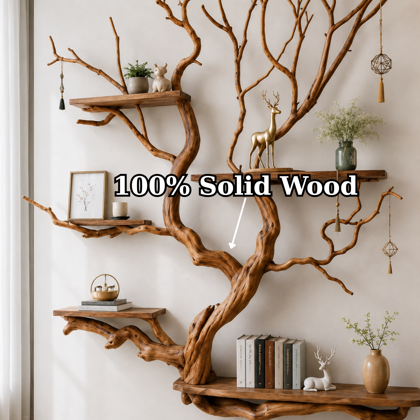 Handcrafted Solid Wood Tree Bookshelf with Organic Flowing Branches