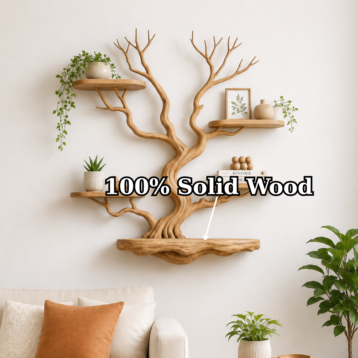 Handcrafted Solid Wood Tree Wall Shelf with Floating Display Shelves