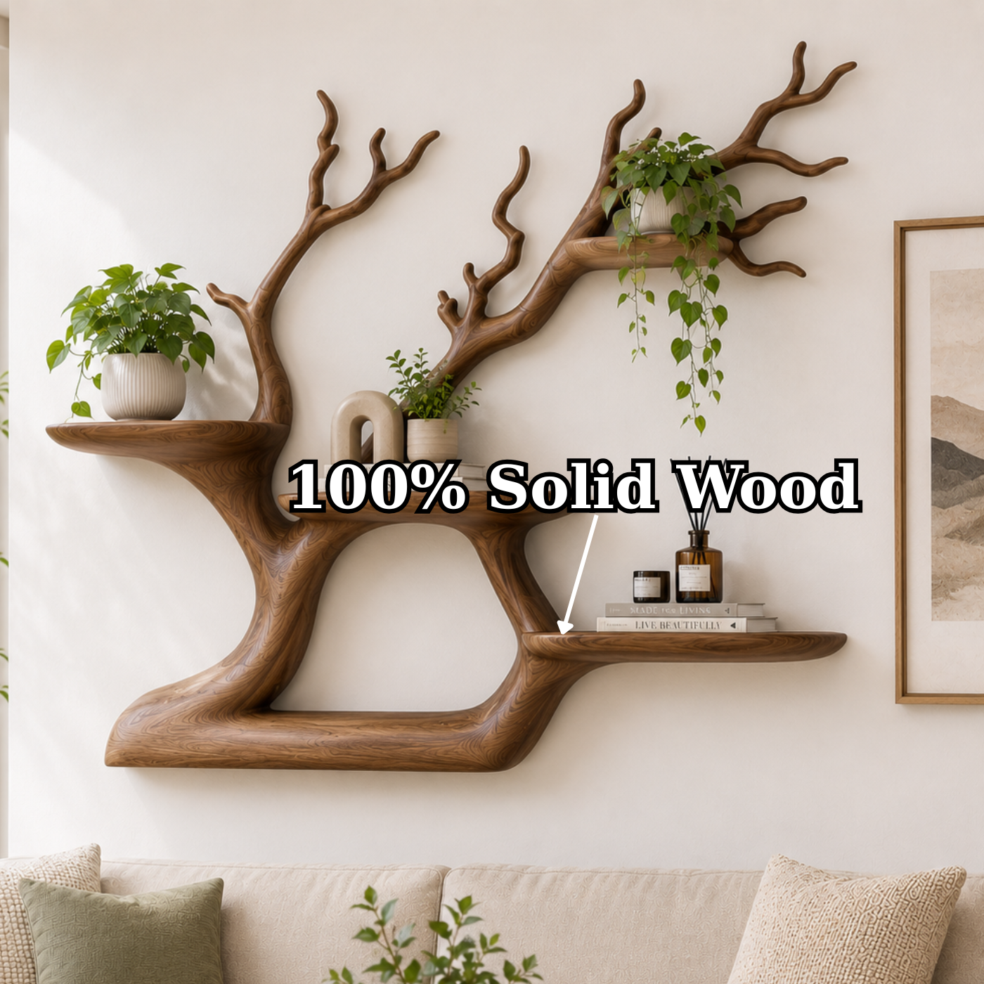 Handcrafted Solid Wood Tree Bookshelf with Floating Shelves
