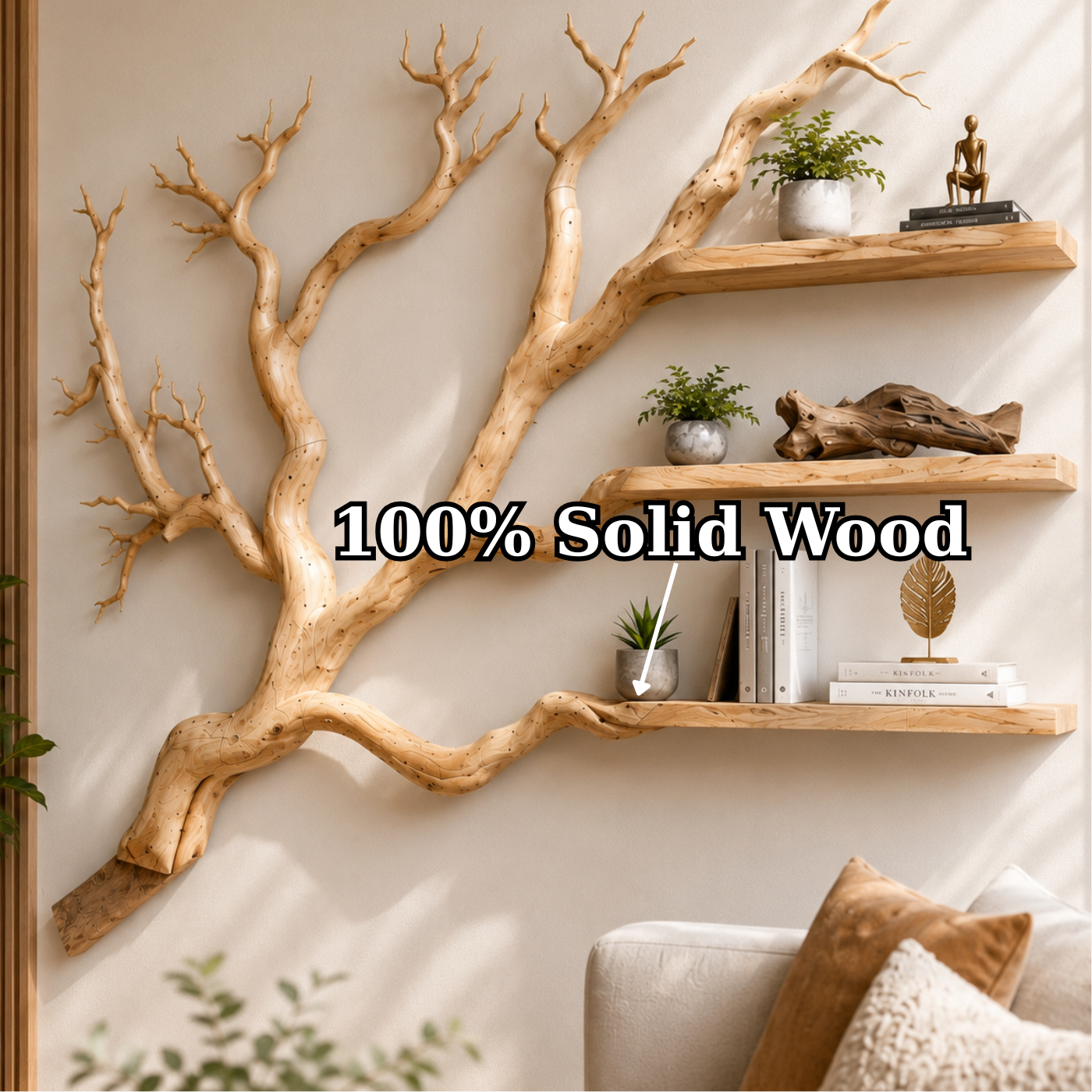 Handcrafted Solid Wood Branch Bookshelf with Floating Wall Shelves