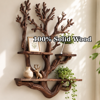 Handcrafted Solid Wood Tree Display Shelf with Organic Branch Design