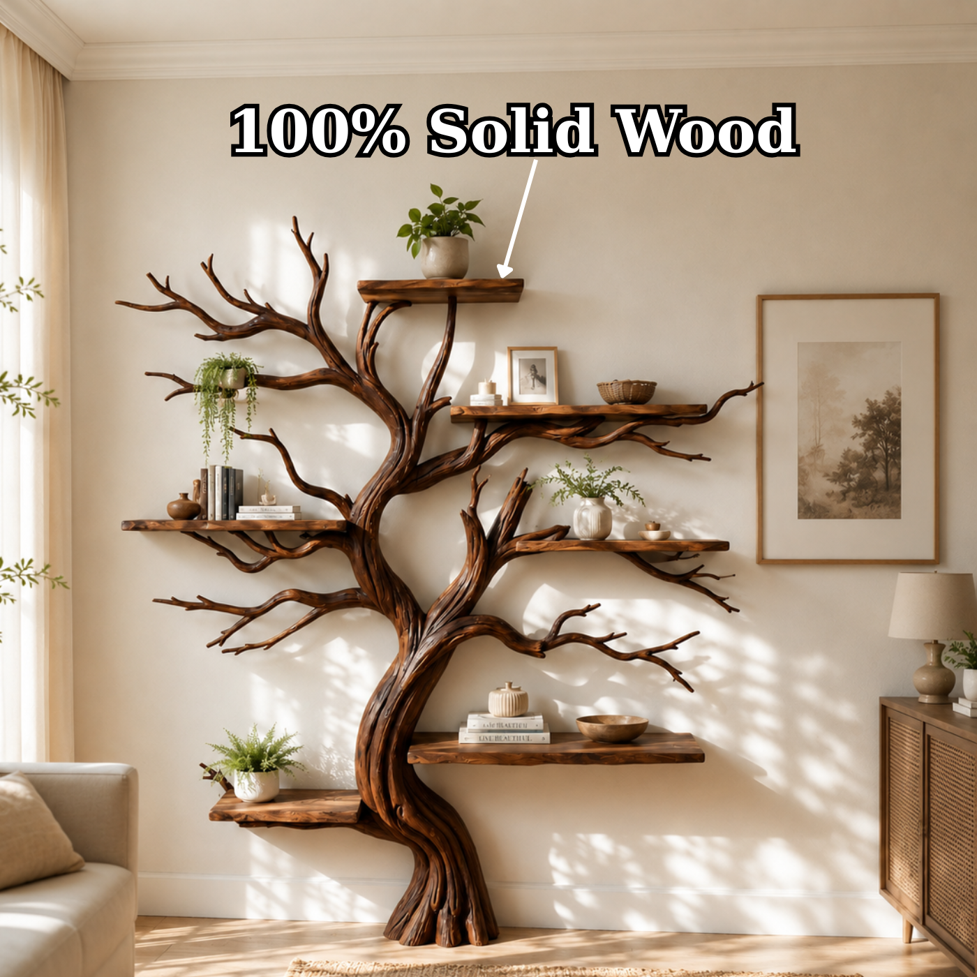 Handcrafted Solid Wood Tree Bookshelf with Twisting Sculptural Branches