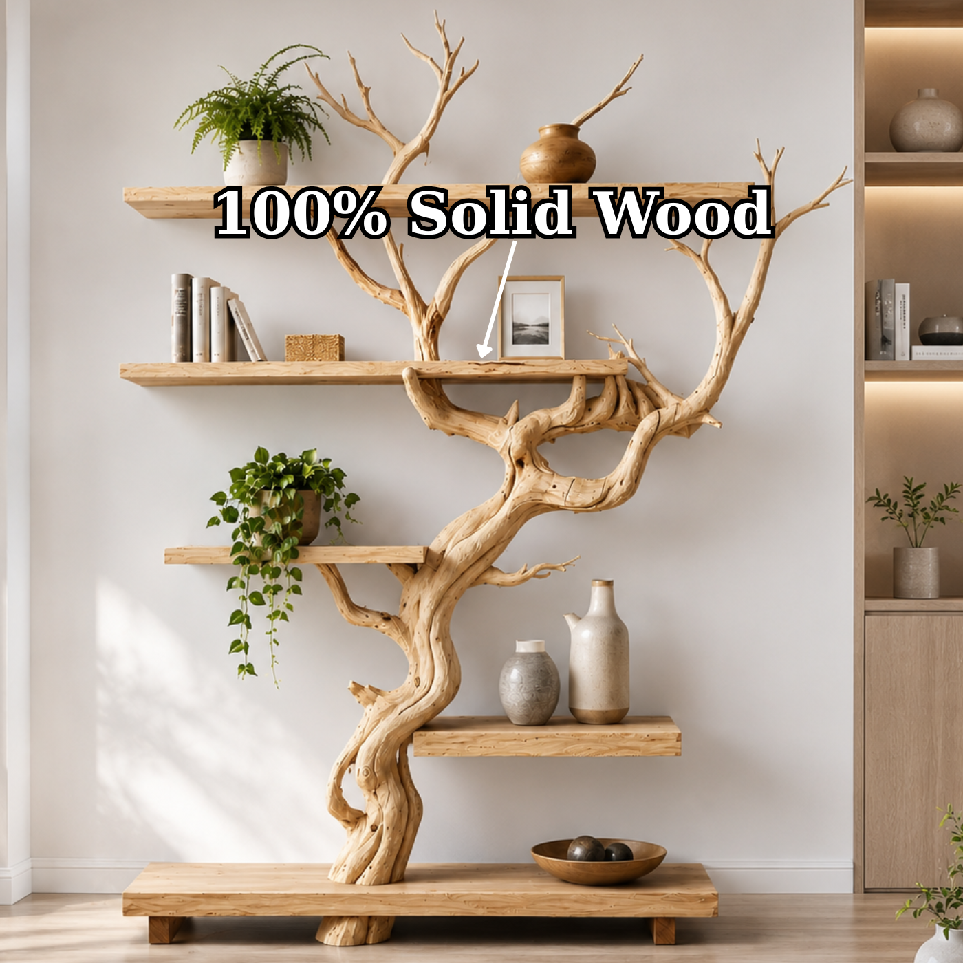 Handcrafted Solid Wood Tree Room Divider Bookshelf with Floating Shelves