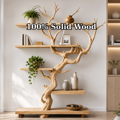 Handcrafted Solid Wood Tree Room Divider Bookshelf with Floating Shelves
