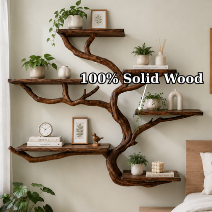 Handcrafted Solid Wood Tree Bookshelf with Curved Floating Shelves