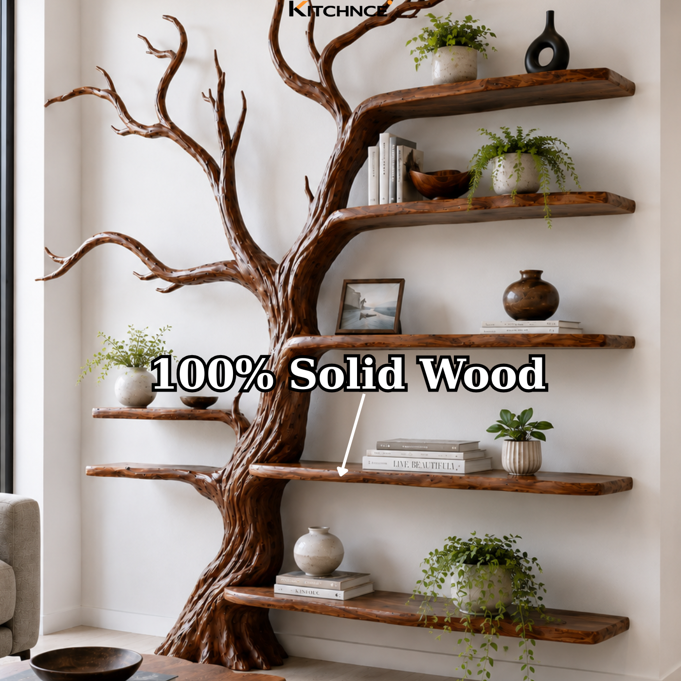 Handcrafted Solid Wood Tree Bookshelf with Open Floating Shelves