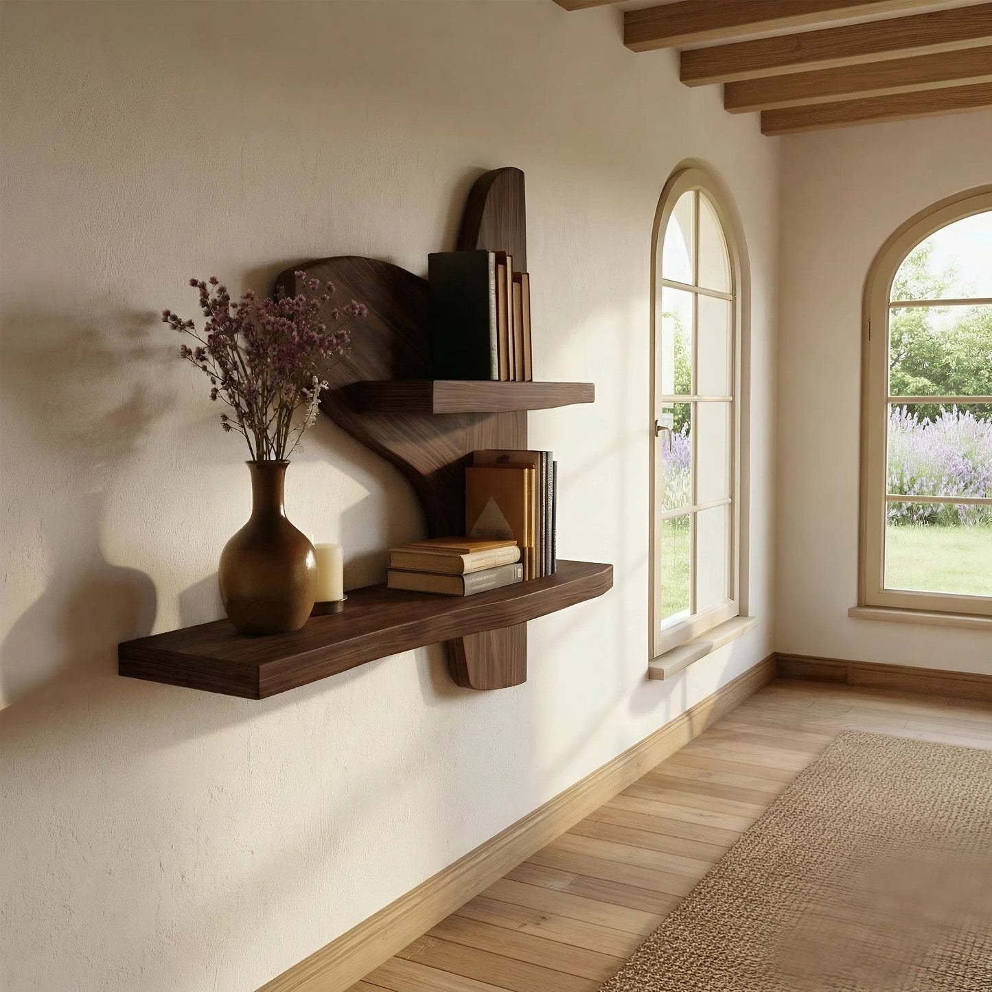 Asymmetrical Two-Tier Wall Shelf in Natural Wood with Sculptural Form
