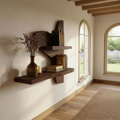 Asymmetrical Two-Tier Wall Shelf in Natural Wood with Sculptural Form