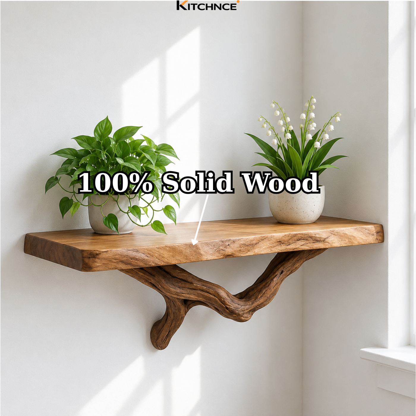 Handcrafted Solid Wood Live Edge Floating Shelf with Sculptural Wood Bracket