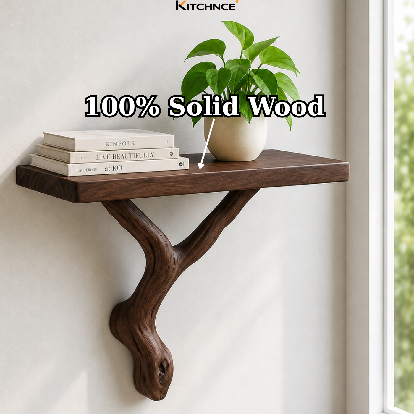 Handcrafted Solid Wood Floating Shelf with Organic Wood Bracket