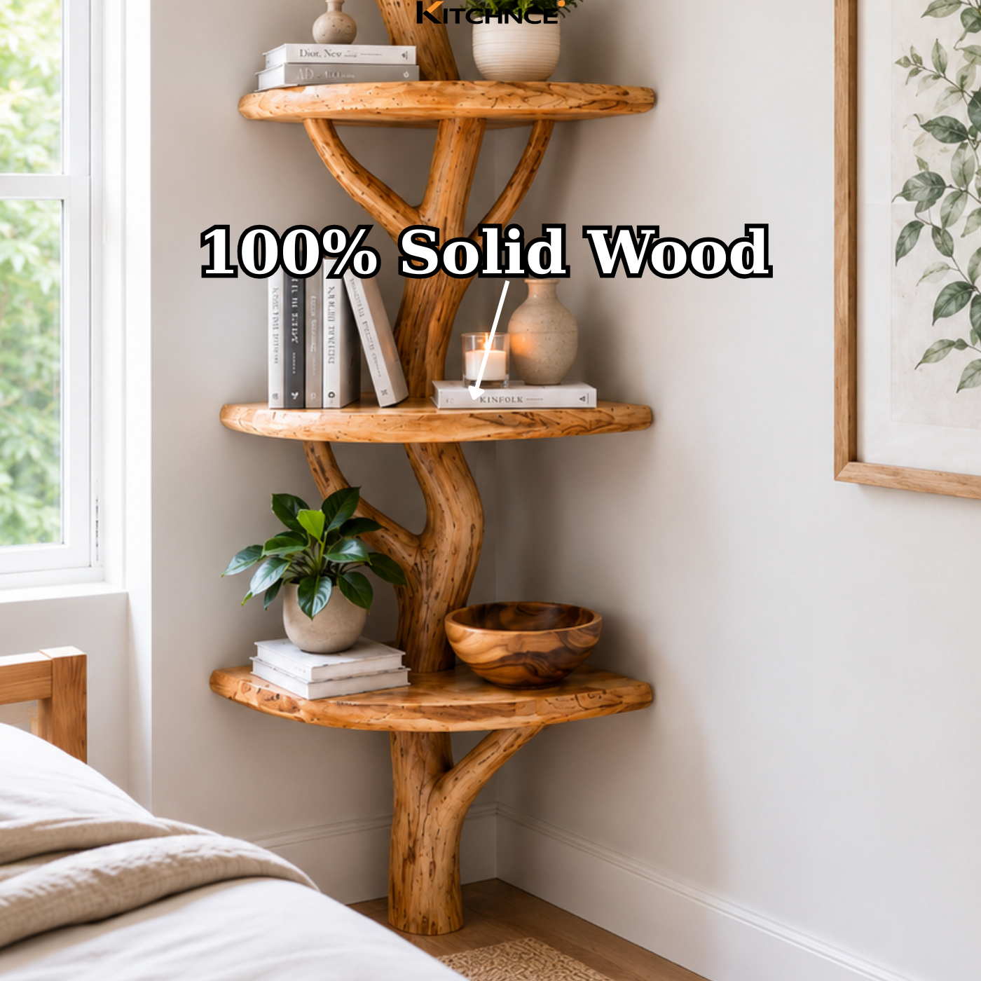 Handcrafted Solid Wood Tree Corner Shelf with Twisted Branch Design
