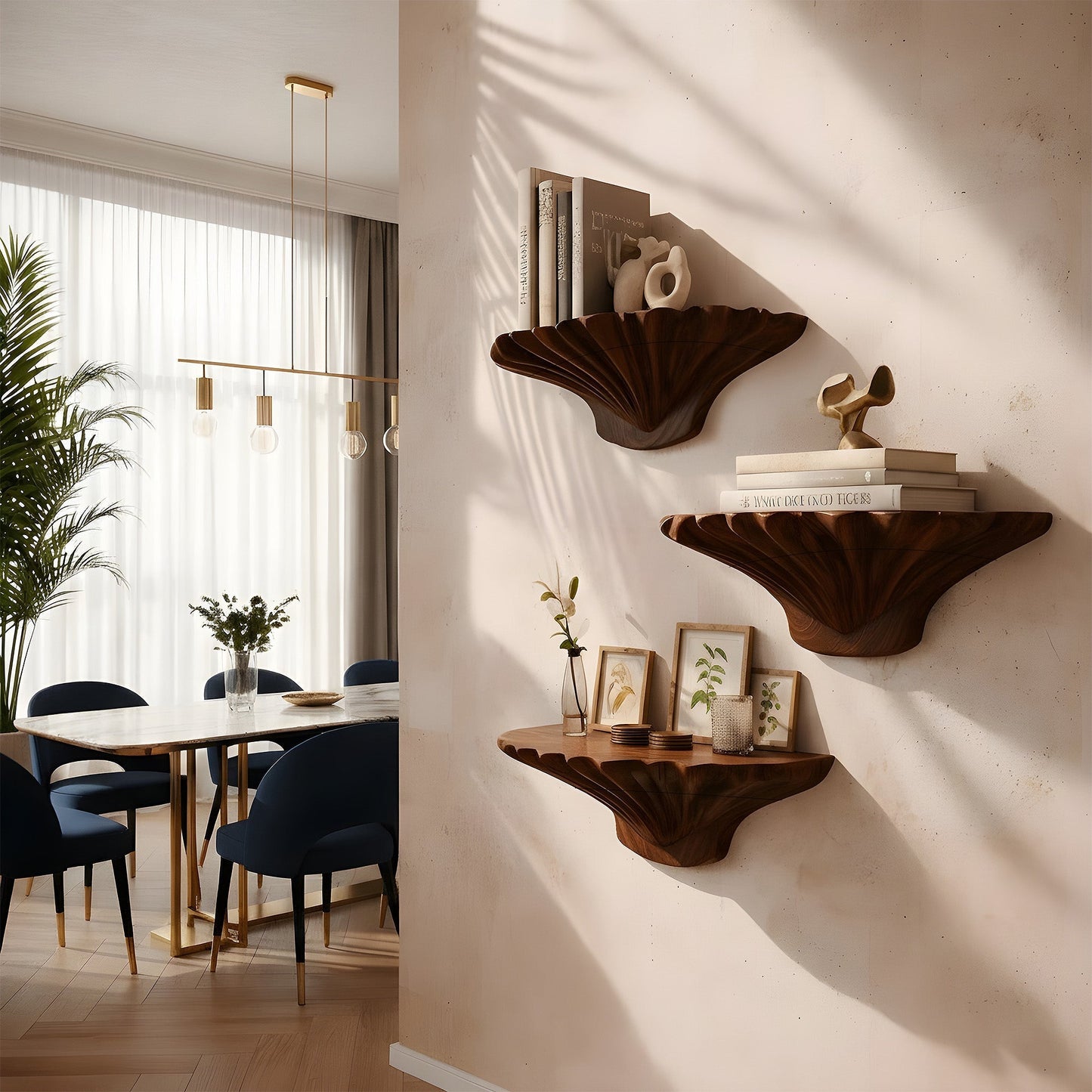 Organic Sculptural Floating Wall Shelf Set in Natural Wood
