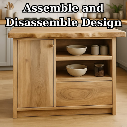 Handcrafted Solid Wood Kitchen Island with Live-Edge Top and Open Storage Shelves Kitchnce