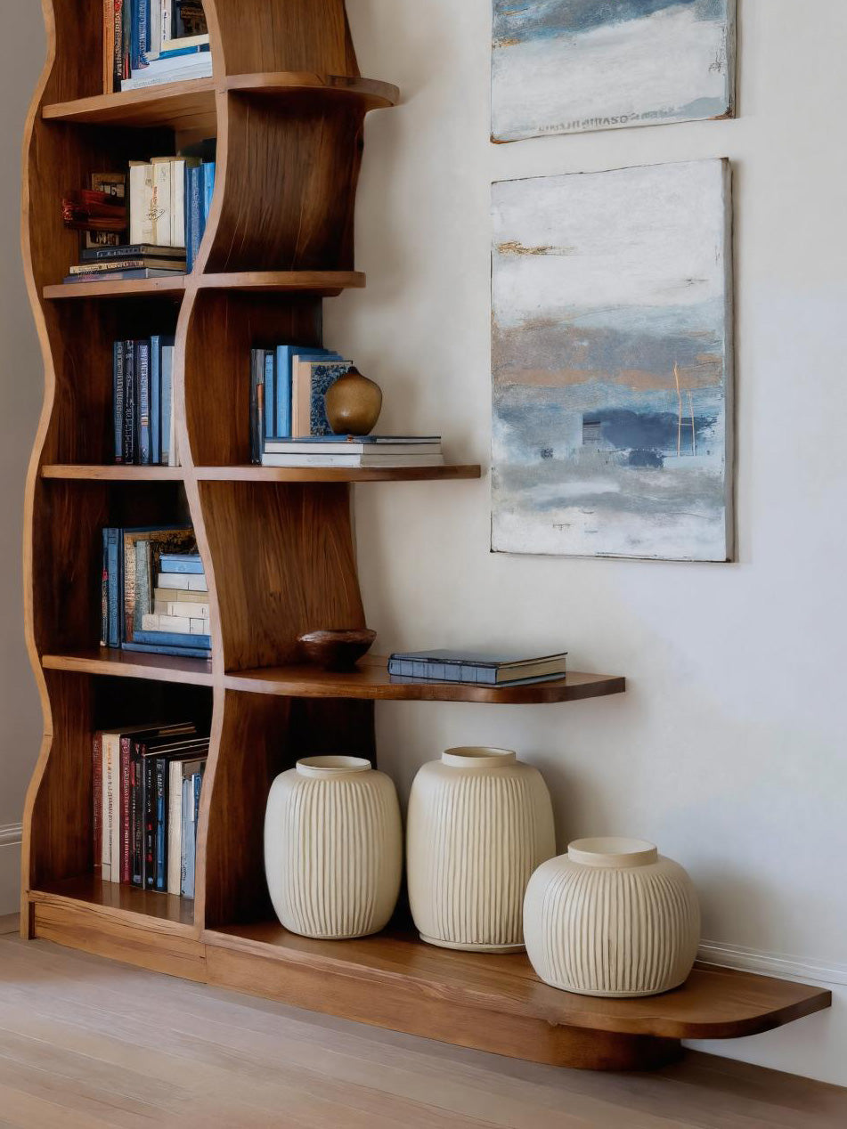 Modern Bookshelf With Wavy Design For Living Room Kitchnce