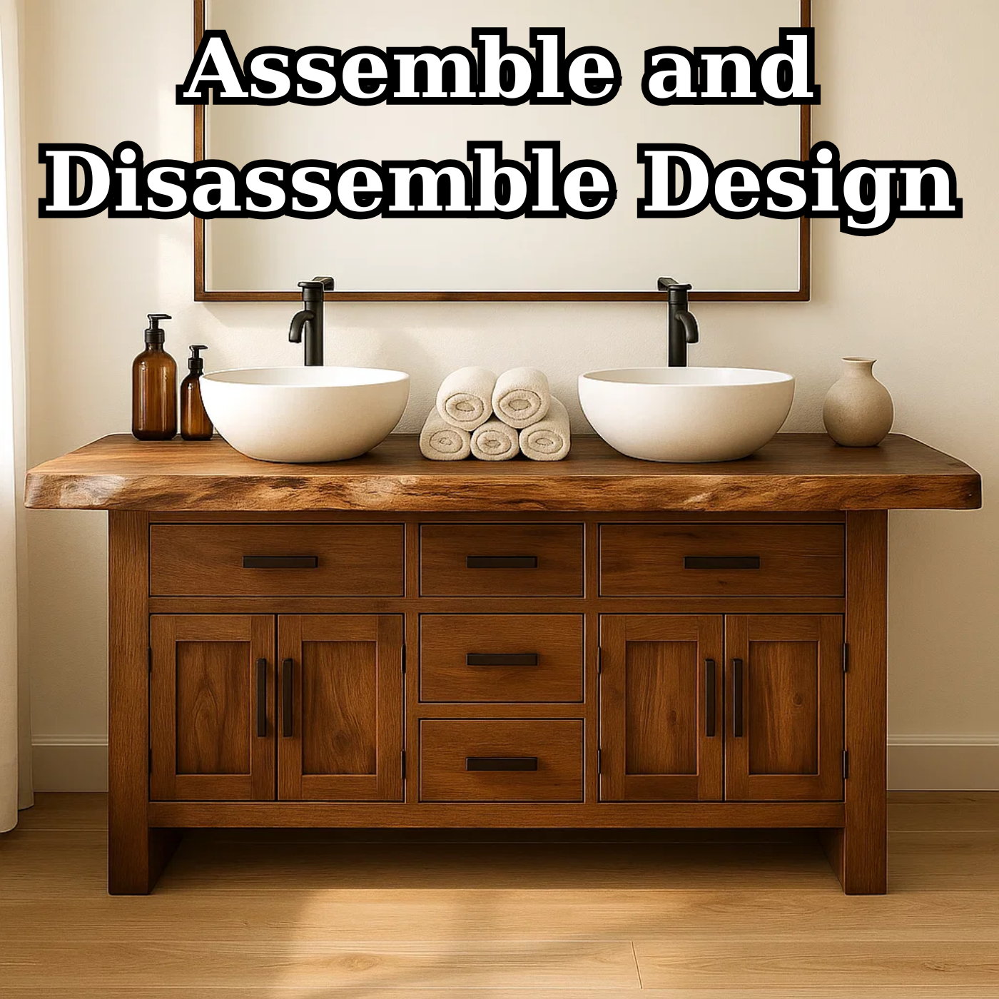 Handcrafted Solid Wood Bathroom Vanity - Live Edge Rustic Cabinet with Doors & Sink Kitchnce