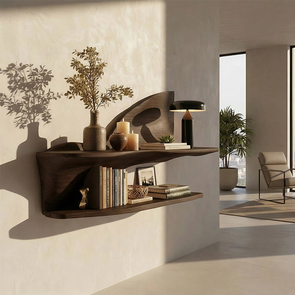 Two-Tier Sculptural Wall Shelf in Natural Wood with Organic Form