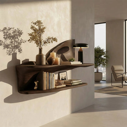 Two-Tier Sculptural Wall Shelf in Natural Wood with Organic Form