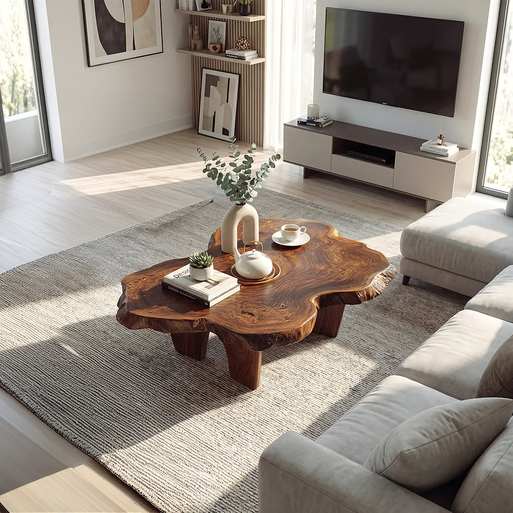 Organic Live Edge Coffee Table with Sculptural Low Profile Base