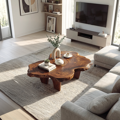 Organic Live Edge Coffee Table with Sculptural Low Profile Base