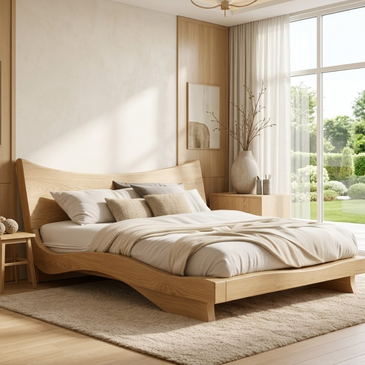 Modern Wooden Bed Frame with Curved Headboard Low Profile Platform Bedroom Design