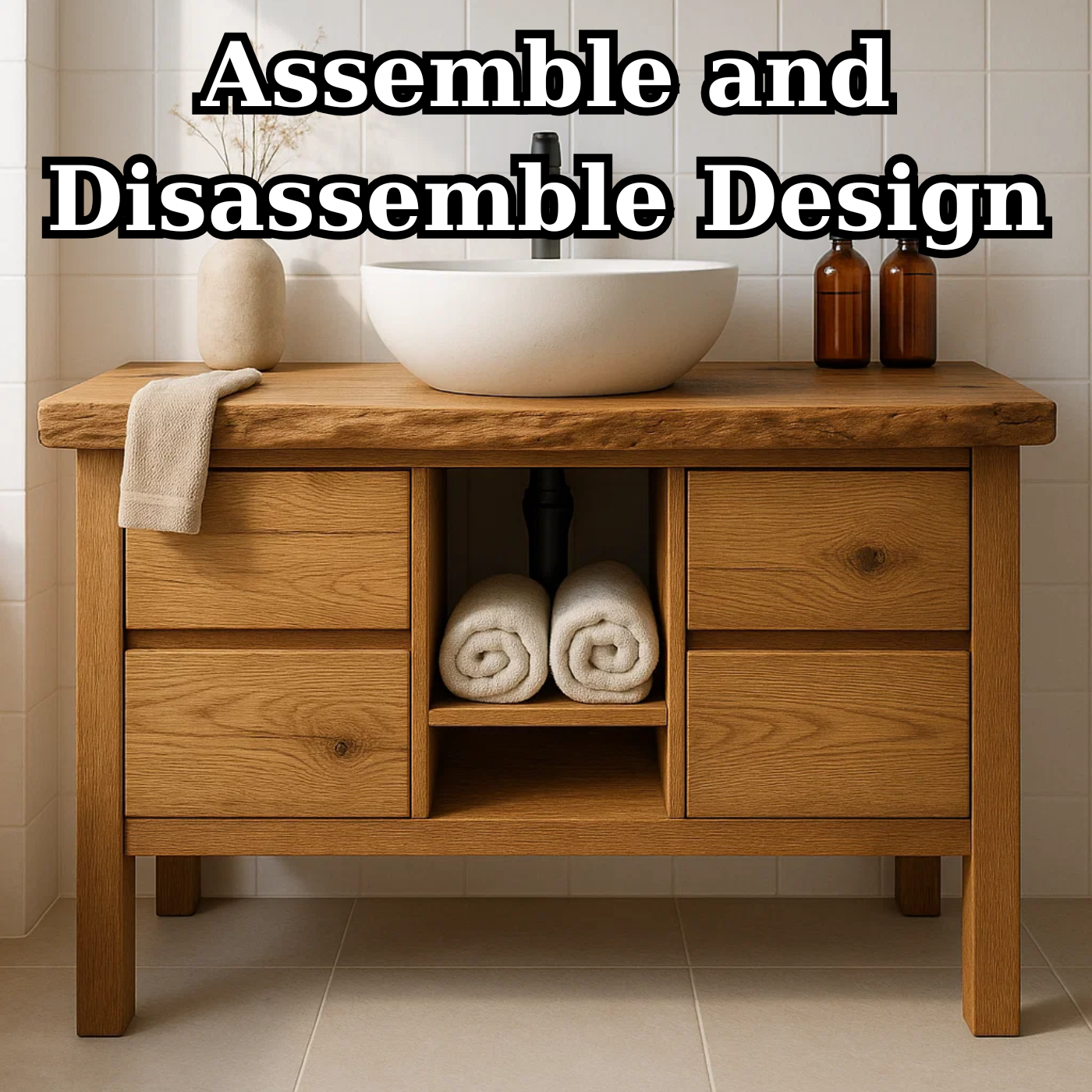 Handcrafted Solid Wood Bathroom Vanity - Live Edge Top with Drawers & Open Shelf Storage Kitchnce