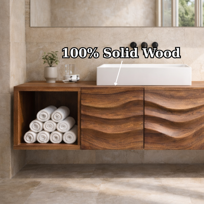 Floating Solid Wood Bathroom Vanity with Wave Textured Doors and Open Shelves